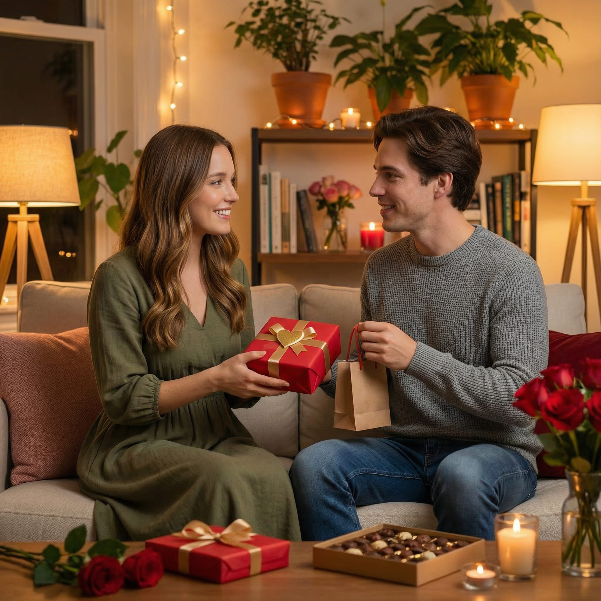 KI-bearbeitetes Bild, Paar überreicht sich Geschenke zum Valentinstag