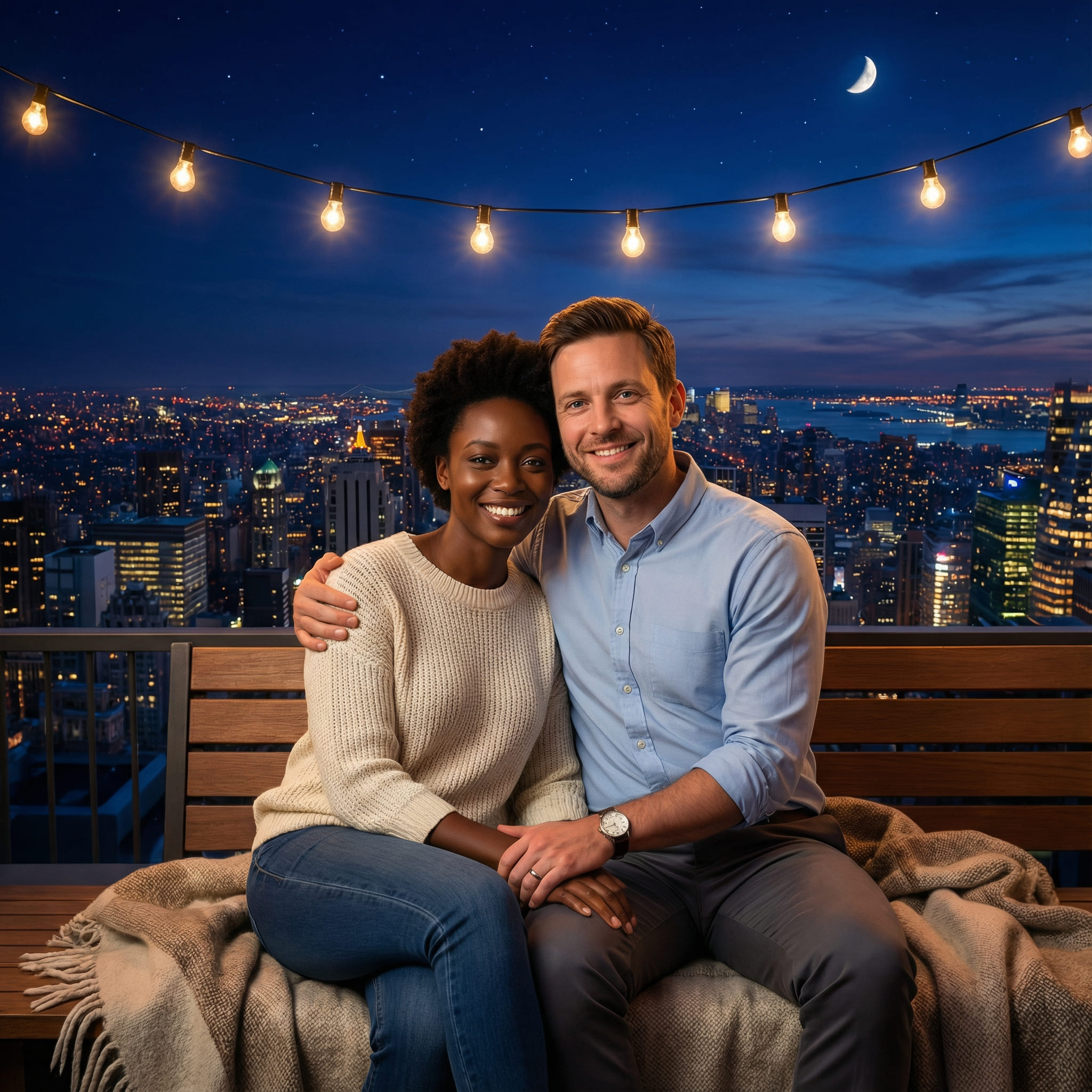 KI-bearbeitetes Bild, ein Paar sitzt abends auf einer Dachterrasse