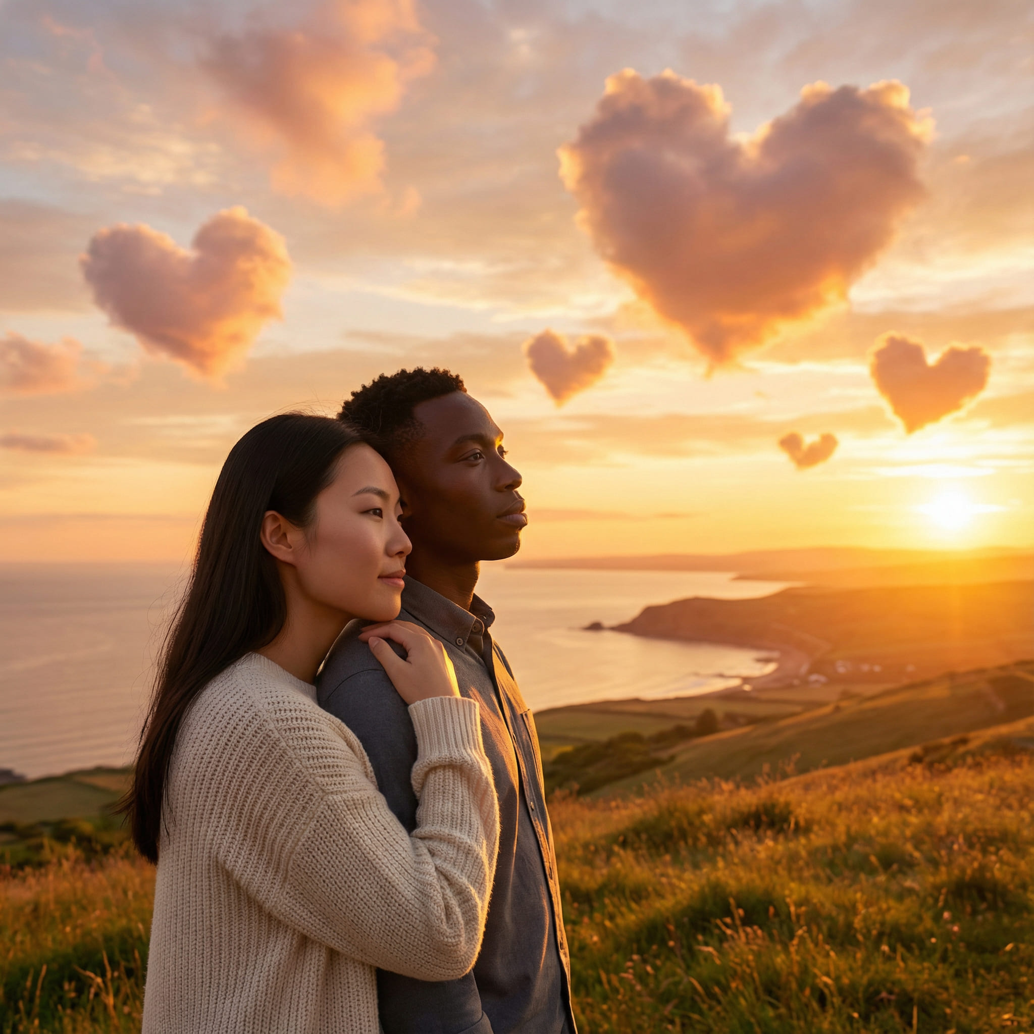 KI-Bearbeitung Foto: Paar im Sonnenuntergang, herzförmige Wolken