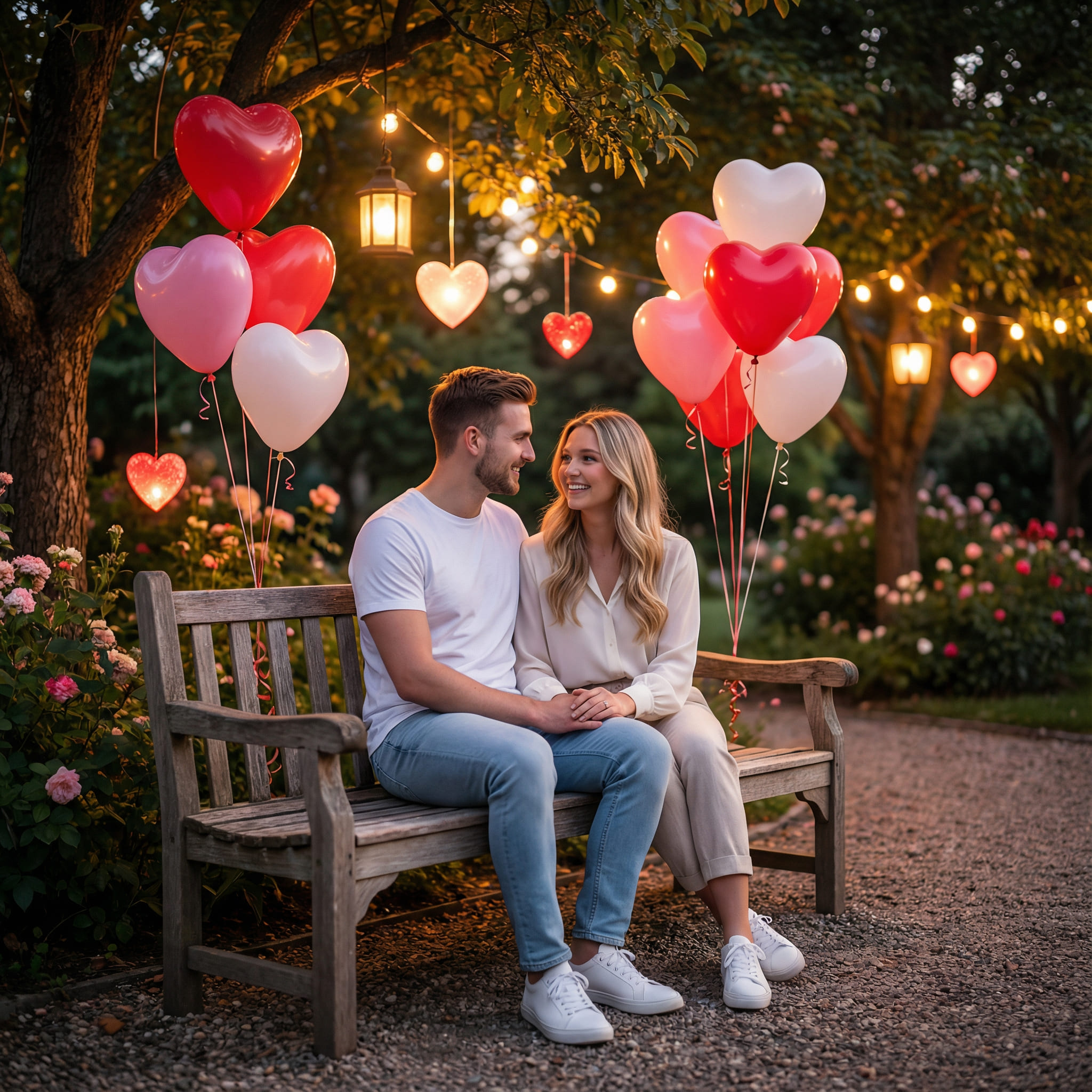 KI-Porträt eines Paares, dass von Herzen umringt auf einer Bank sitzt.