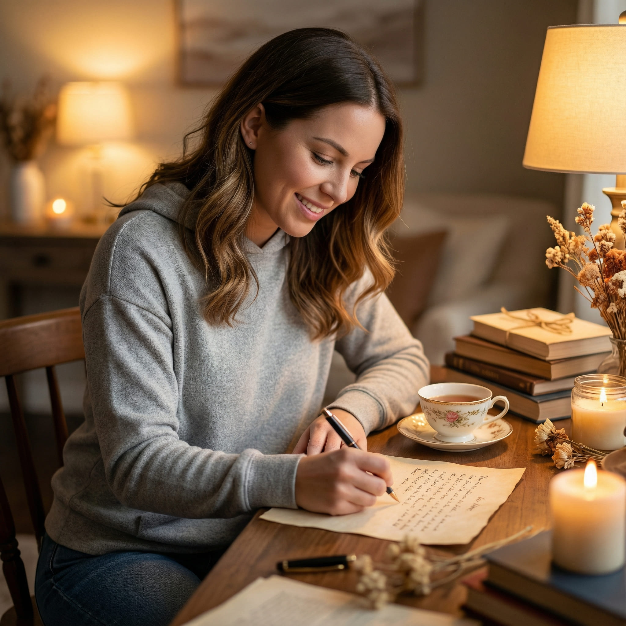 KI-bearbeitetes Bild, eine Person schreibt einen Liebesbrief