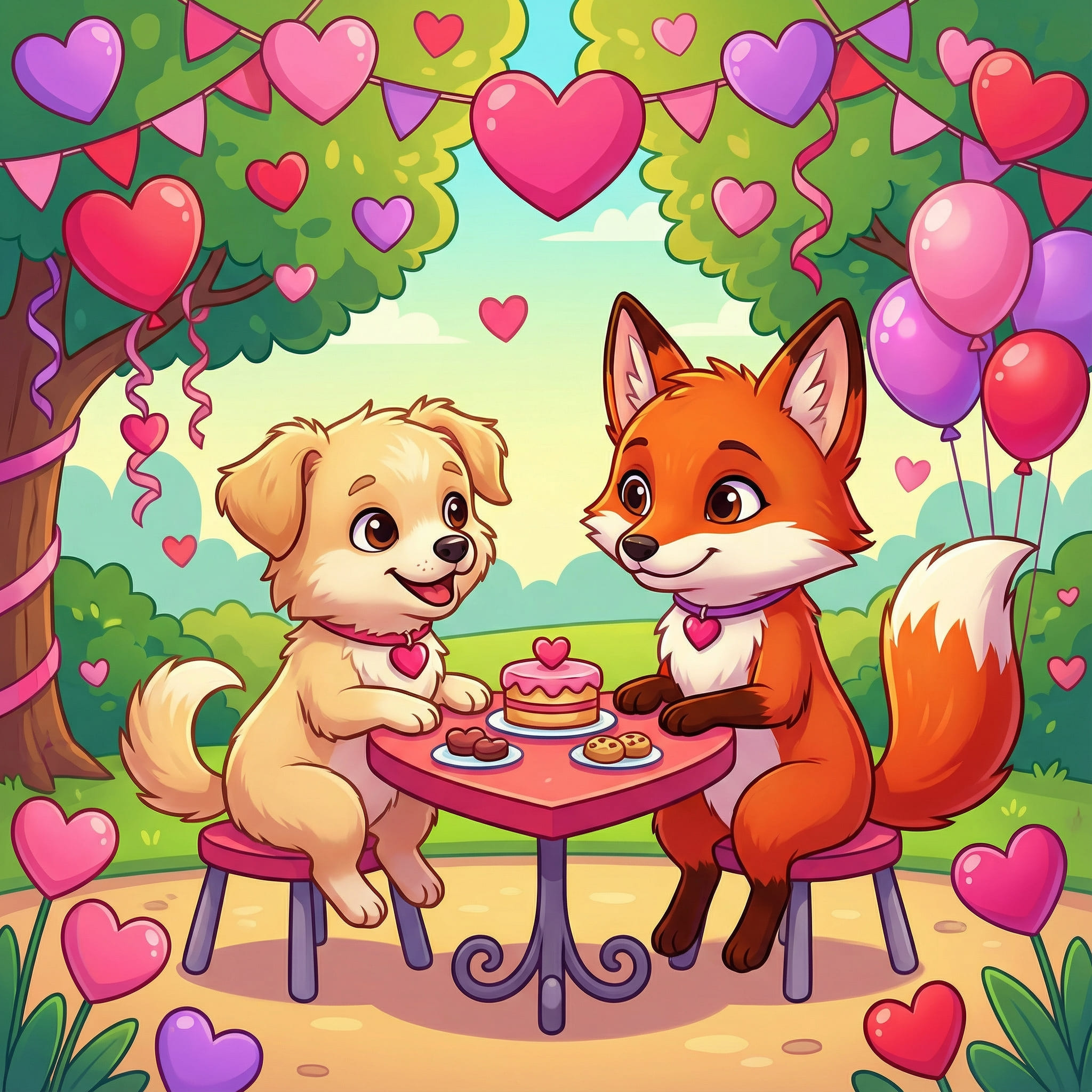 KI-generiertes Bild, ein Fuchs und ein Hund bei einem romantischen Date