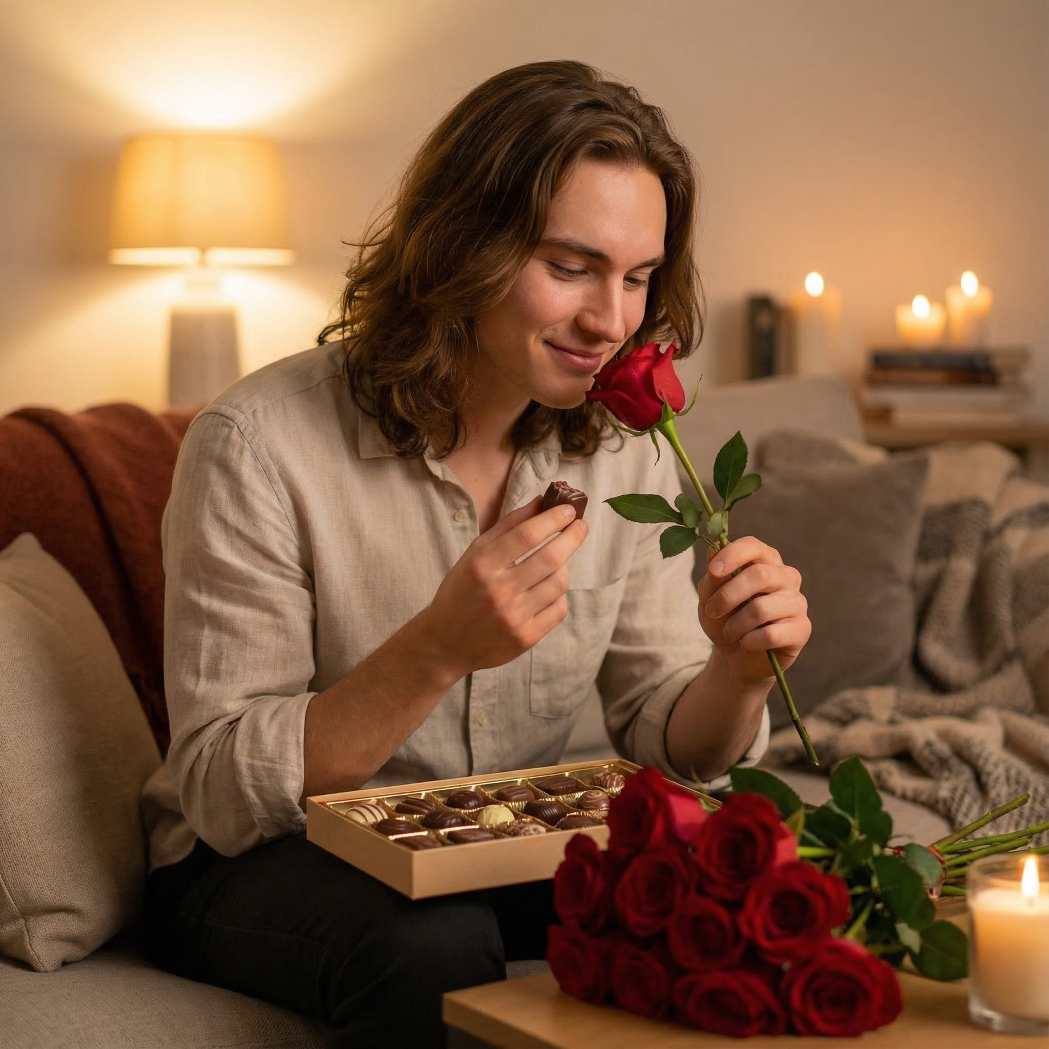 KI-generiertes Bild: Single mit Rosen und Pralinen