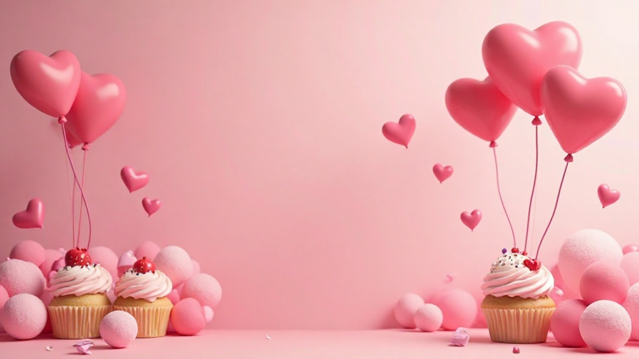 Pastellfarbener Hintergrund mit fliegenden Herzballons, Cupcakes und rosa Wolken