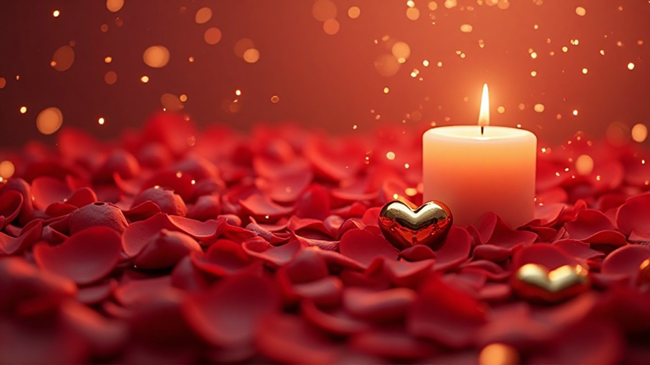 Ein Hintergrund mit roten Rosenblüten, sanftem Kerzenlicht und goldenen Herzornamenten, verträumt und elegant.