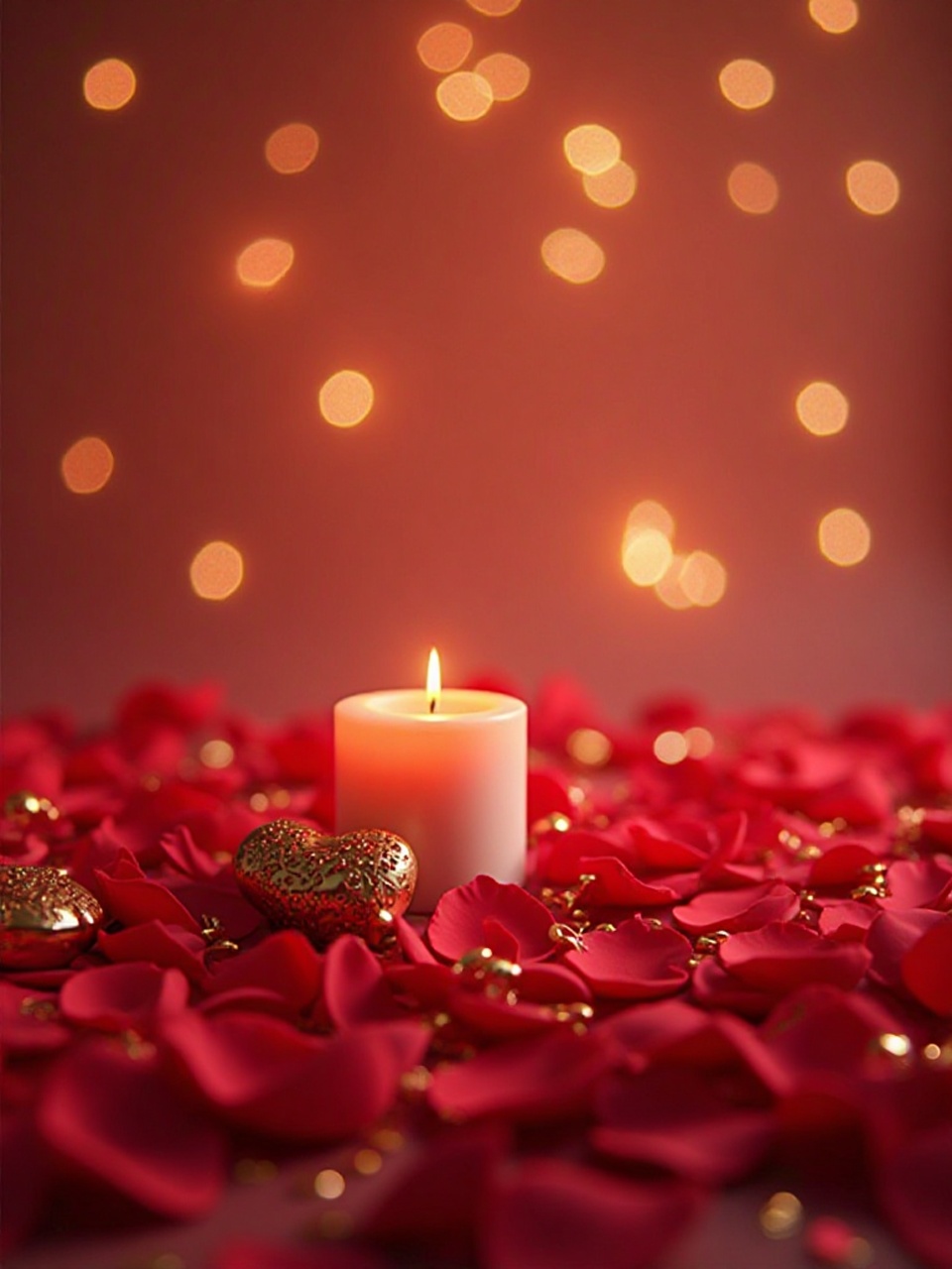 Ein Hintergrund mit roten Rosenblüten, sanftem Kerzenlicht und goldenen Herzornamenten, verträumt und elegant.