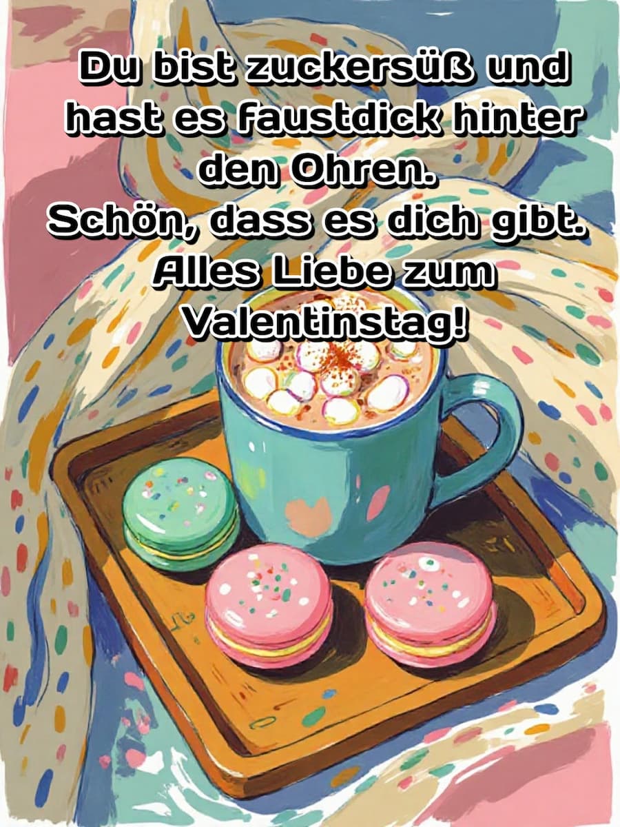 Valentinstag-Bild mit Gruß: 'Du bist zuckersüß und hast es faustdick hinter den Ohren. Schön, dass es dich gibt. Alles Liebe zum Valentinstag!'
