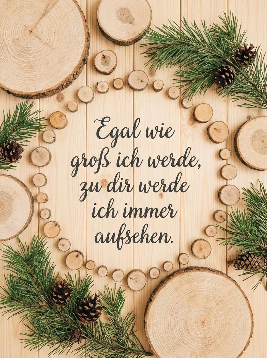 Vatertagsgruss auf hellem Kiefernholz mit einem Kranz aus Baumscheiben in verschiedenen Grössen und grünen Kiefernzweigen, zentriert mit dem Text Egal wie groß ich werde, zu dir werde ich immer aufsehen.