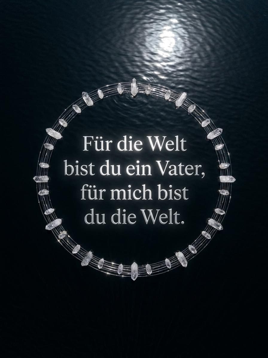 Vatertagsbild mit einer nächtlichen Wasseroberfläche im Hintergrund, umrahmt von einem Kreis aus funkelnden Kristallen und dem silbernen Text Für die Welt bist du ein Vater, für mich bist du die Welt.