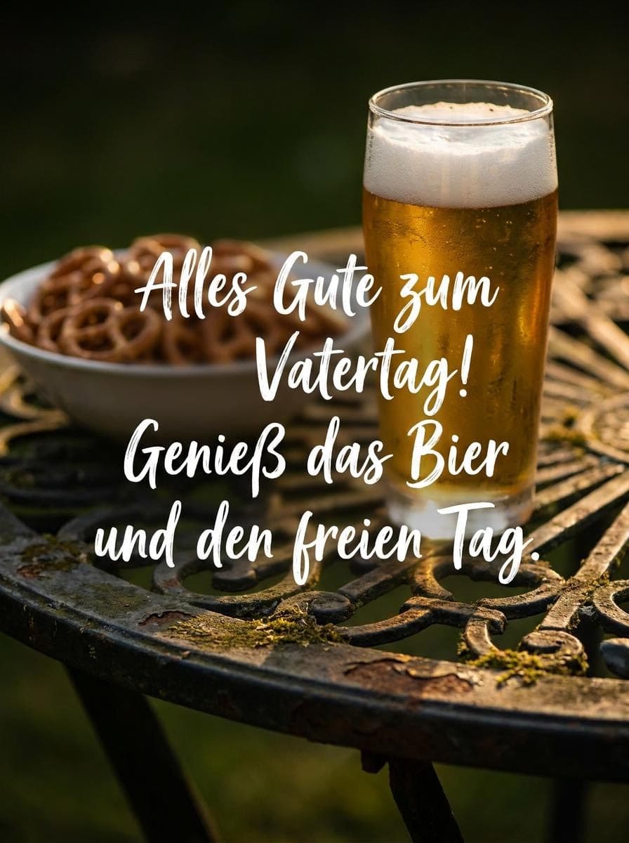 Stimmungsvolles Vatertagsbild auf einem rustikalen Metall-Gartentisch mit einem kühlen Glas Bier, einer Schale Brezeln im Hintergrund und dem weissen Text Alles Gute zum Vatertag! Genieße das Bier und den freien Tag.