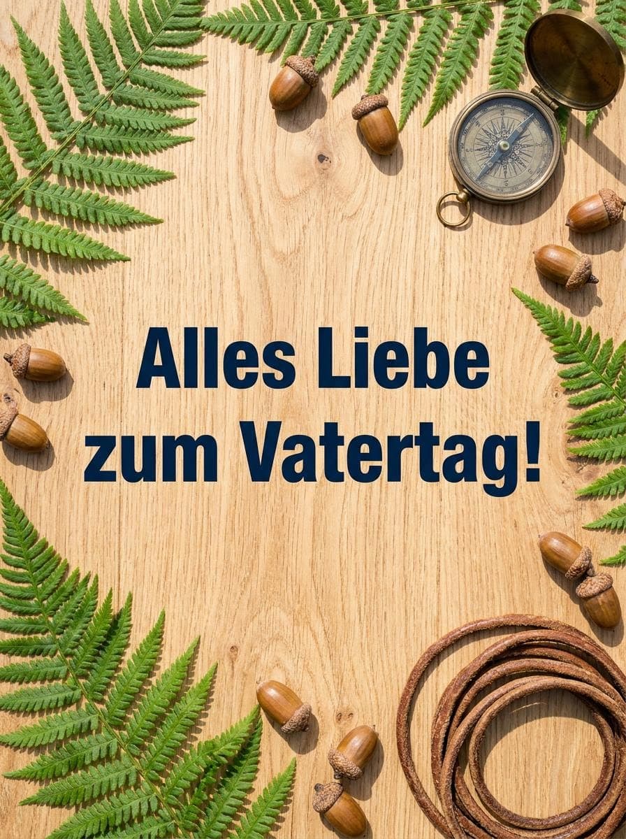 Vogelperspektive eines Vatertagsbildes auf hellem Eichenholz mit Farnen, Eicheln, einem antiken Kompass und dem dunkelblauen Text Alles Liebe zum Vatertag.