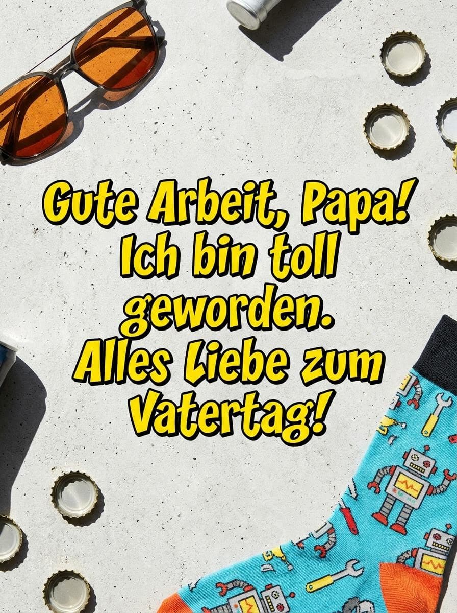 Vogelperspektive eines lustigen Vatertagsbildes auf hellgrauem Beton mit einer Sonnenbrille, Kronkorken und einer bunten Robotersocke, zentriert mit dem gelben Text Gute Arbeit, Papa! Ich bin toll geworden. Alles Liebe zum Vatertag!.