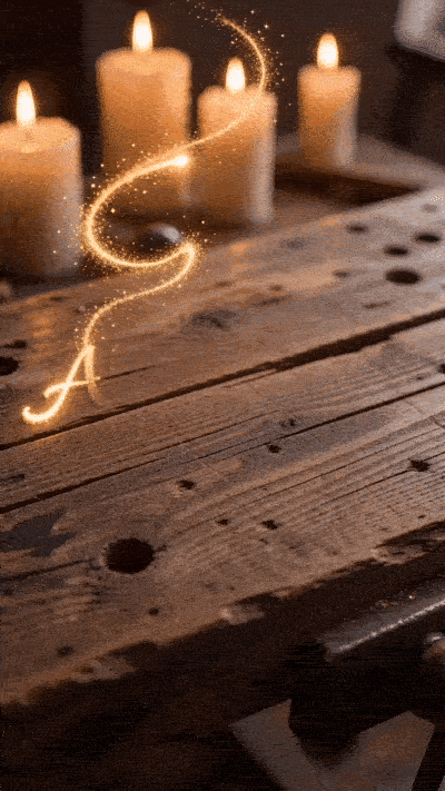 Ein kurzes Video einer rustikalen Holzwerkbank bei Kerzenschein, auf der goldener glitzernder Staub magisch den Text Alles Liebe zum Vatertag schreibt.