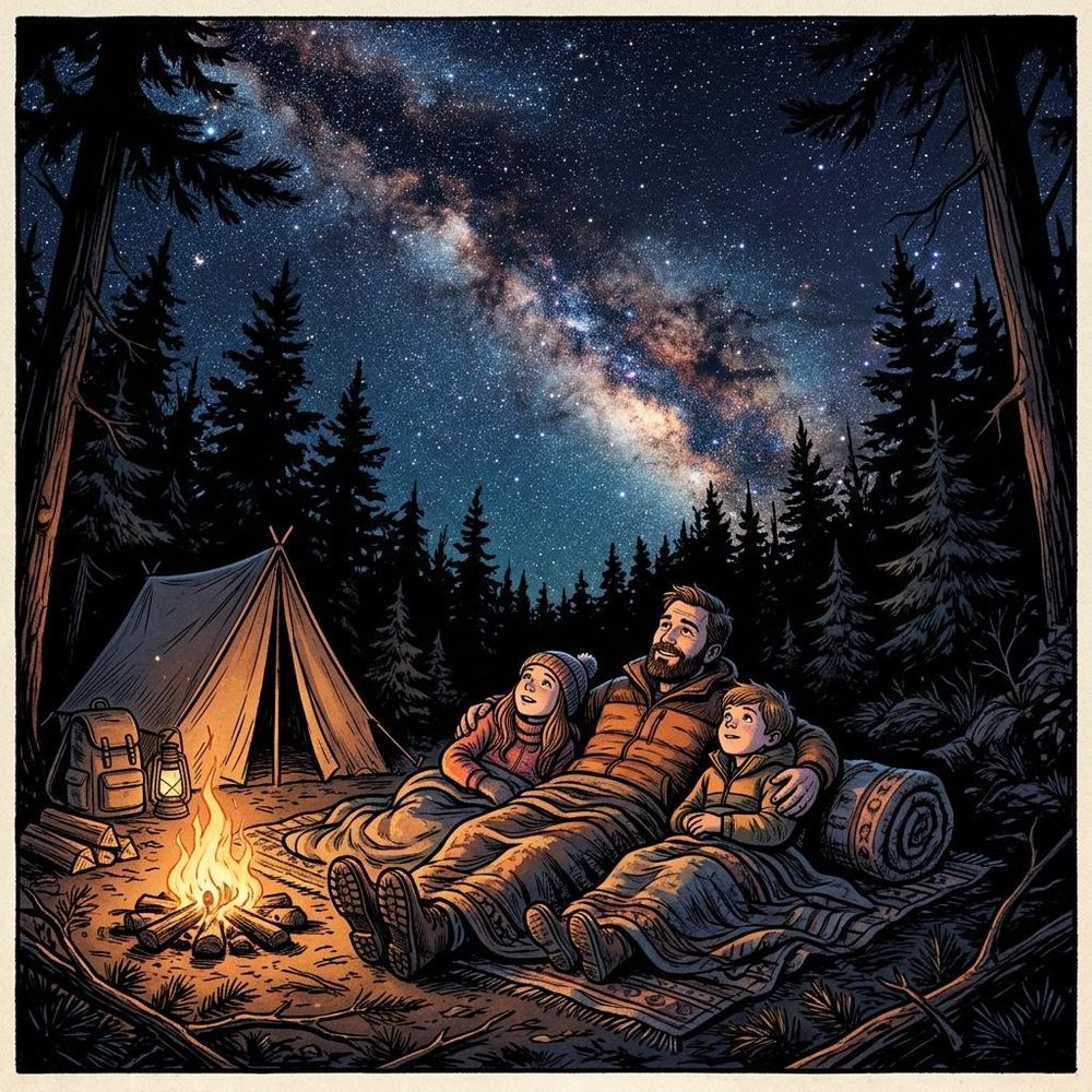 KI-Bild Camping-Ausflug Vater und Kinder