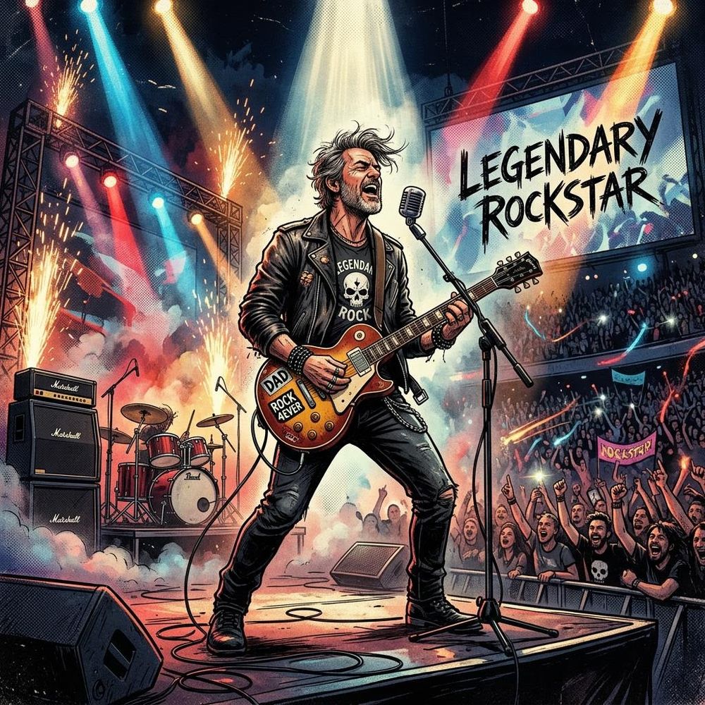 KI-generiertes Bild zum Vatertag. Papa als Rockstar.