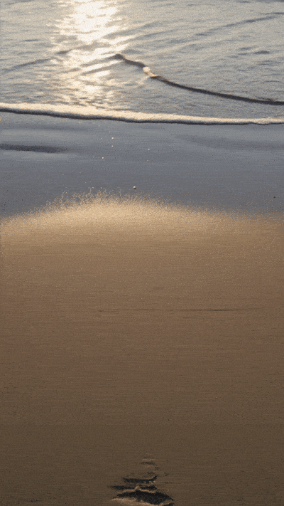 Ein atmosphärisches Video von einem Strand bei Sonnenuntergang, bei dem sanfte Wellen über den Sand spülen und die eingravierten Worte Danke, Papa zum Vorschein bringen.