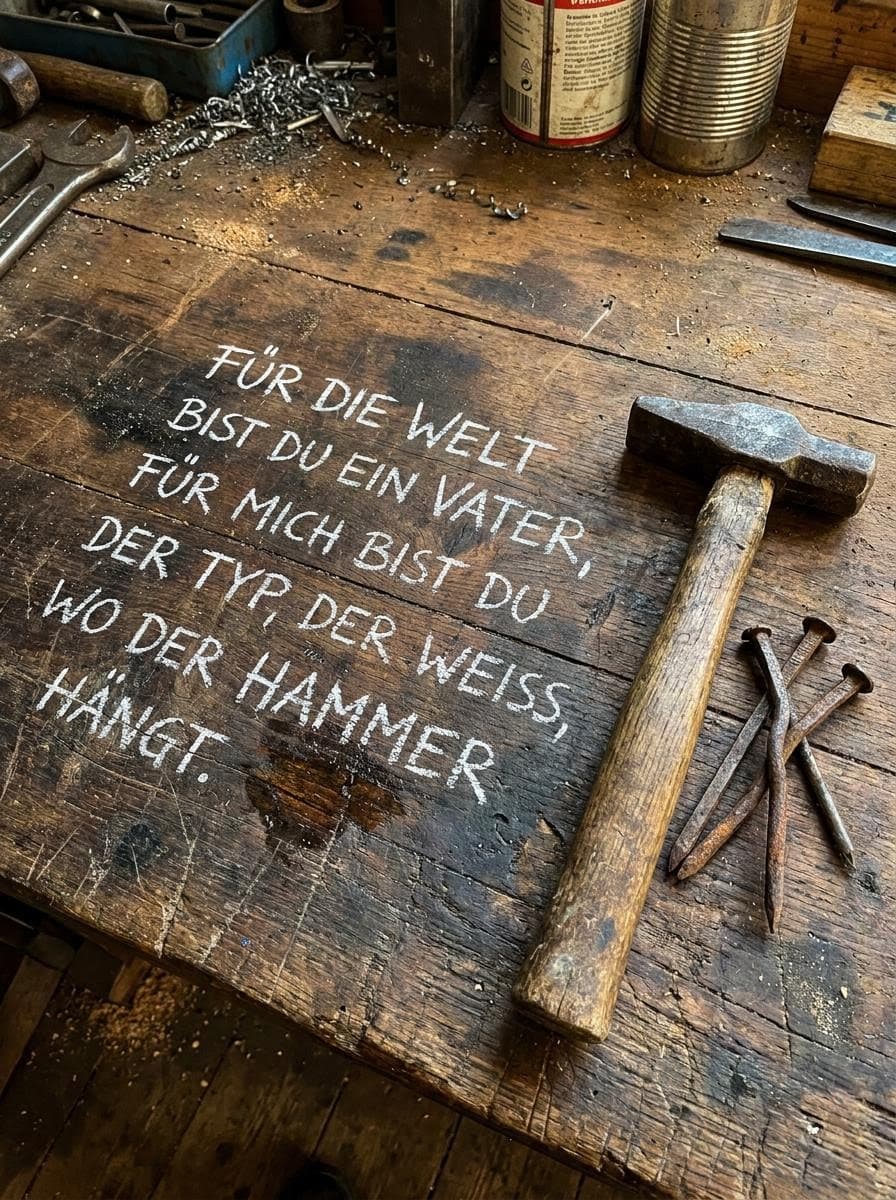 Authentisches Foto einer alten Holzwerkbank mit einem Hammer und rostigen Nägeln, auf der in Kreide-Optik der Text steht: Für die Welt bist du ein Vater, für mich bist du der Typ, der weiß, wo der Hammer hängt.