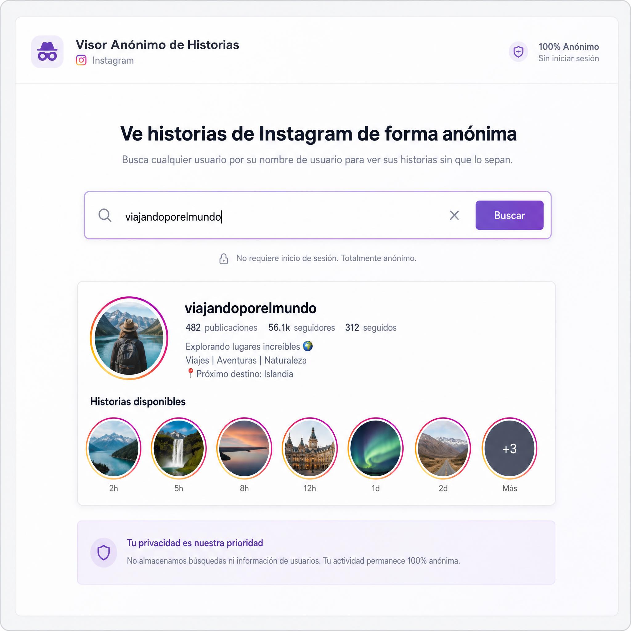 Interfaz de visor anónimo de historias de Instagram: búsqueda por nombre de usuario