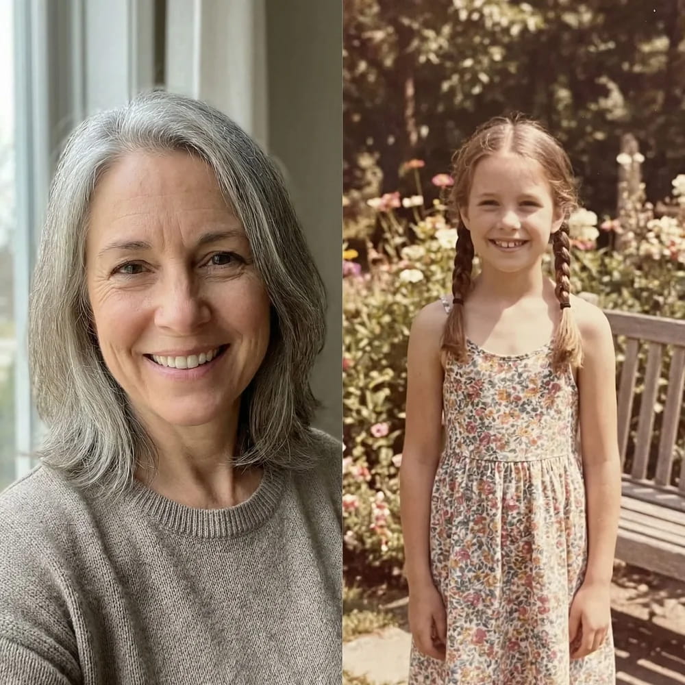 Foto actual y foto de infancia de mamá antes de la fusión con IA