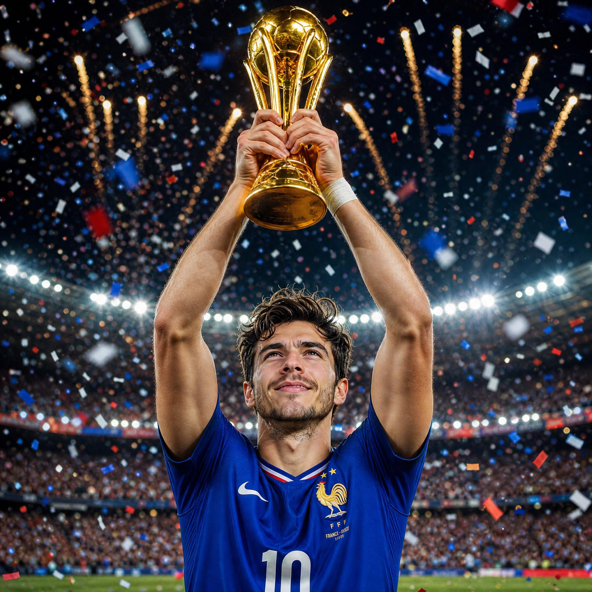 Scène de victoire avec trophée Coupe du Monde 2026 créée par l'IA