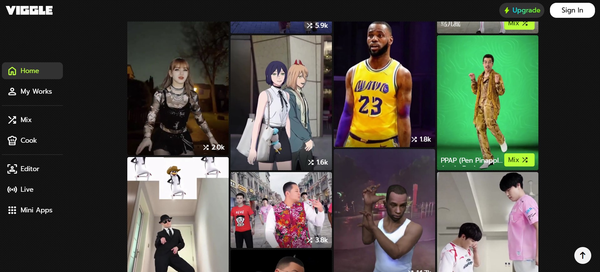 Viggle AI 首頁豐富的動態範本