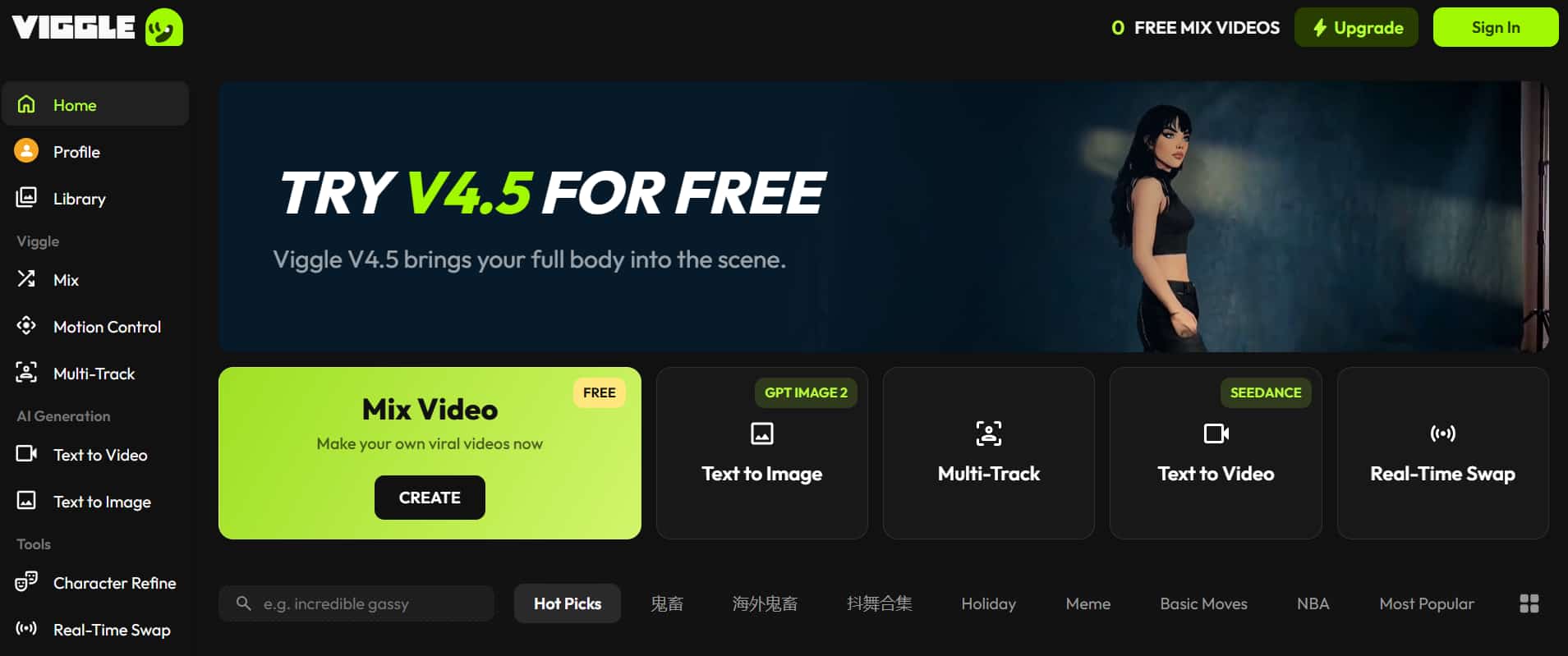 A rich collection of dynamic templates on the Viggle AI homepage