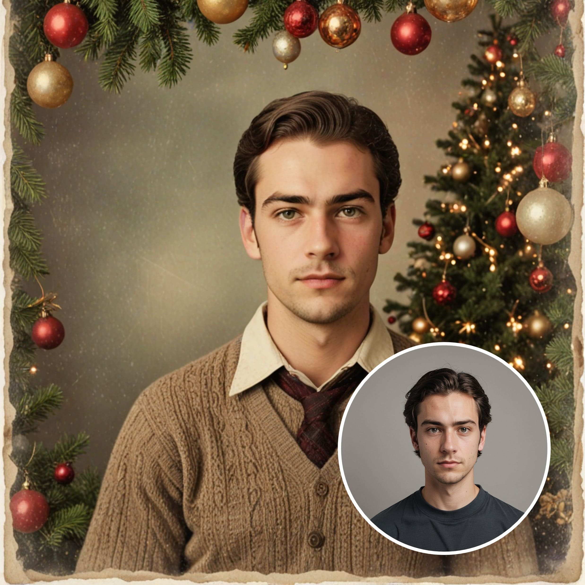 Vintage Christmas portrait with retro holiday style and warm film tones