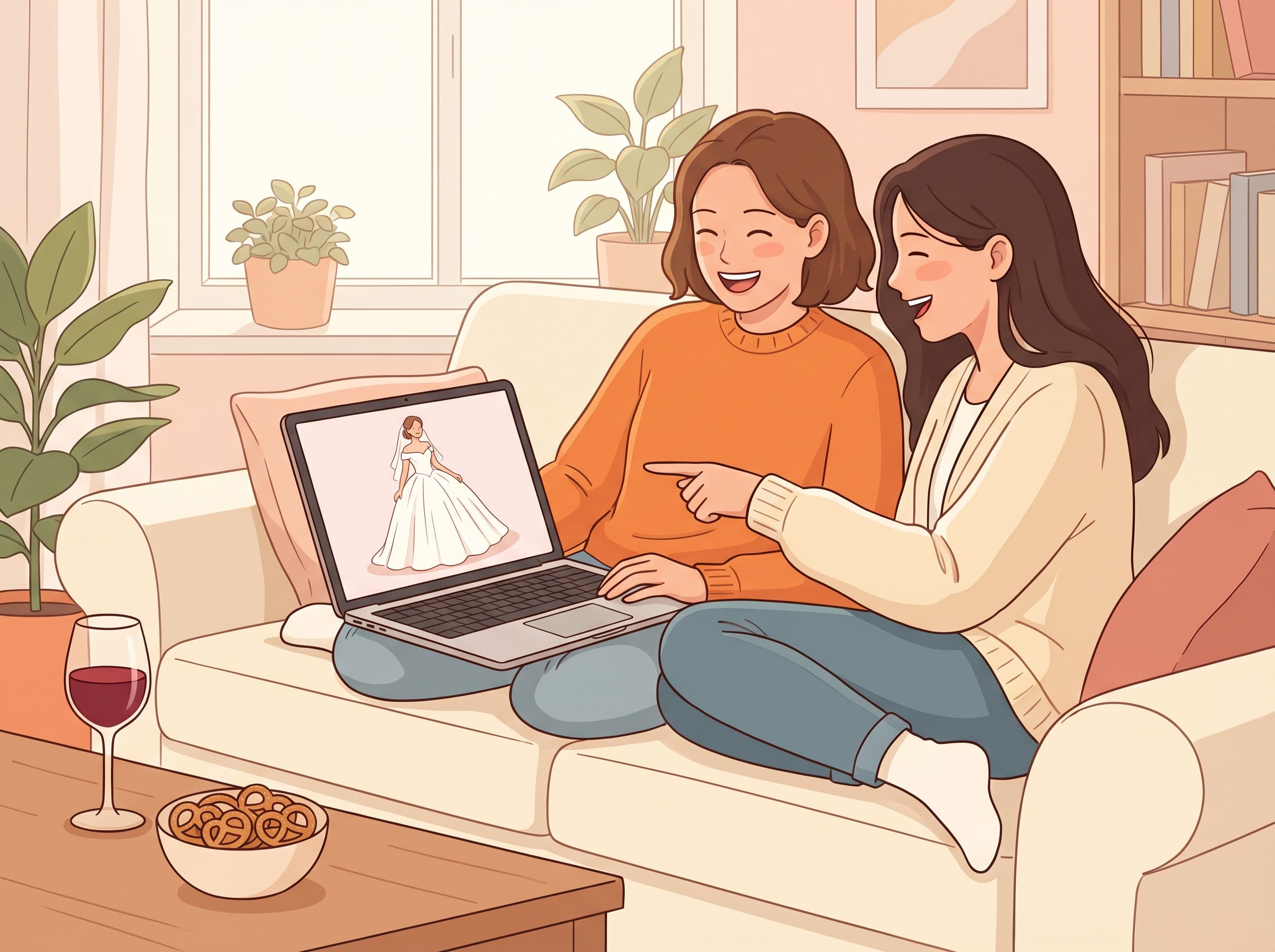 Bride virtually trying on wedding dress styles at home using MyEdit AI Try-On before boutique appointment