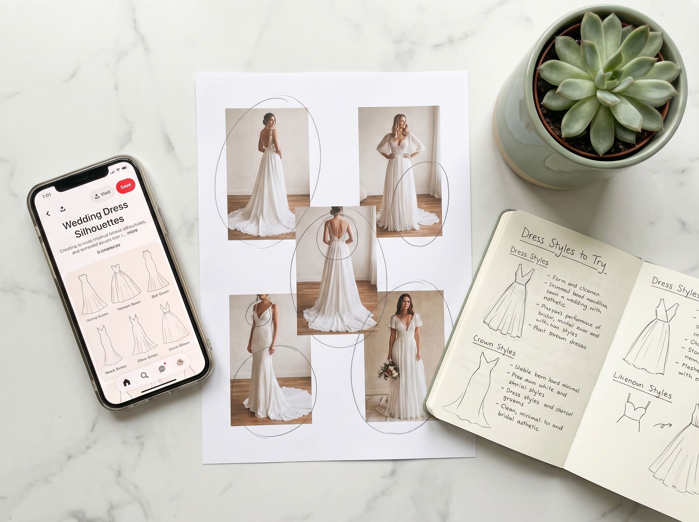 Bride preparing photo and wedding dress inspiration images for virtual try-on with MyEdit