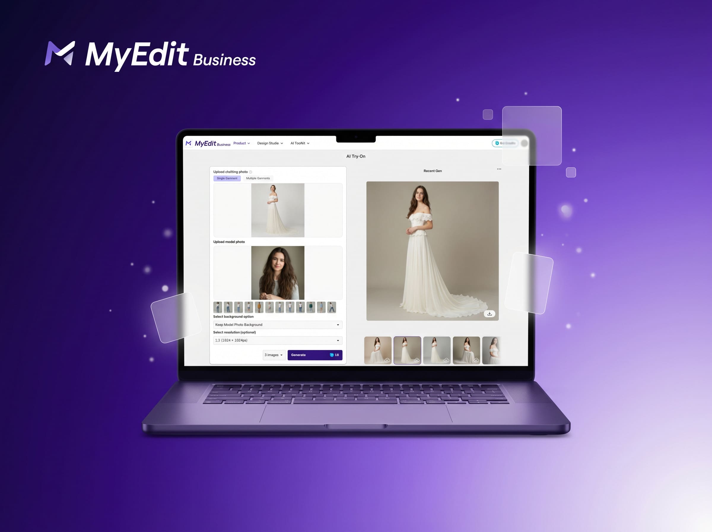 MyEdit AI Try-On interface showing virtual wedding dress try-on for bride at home