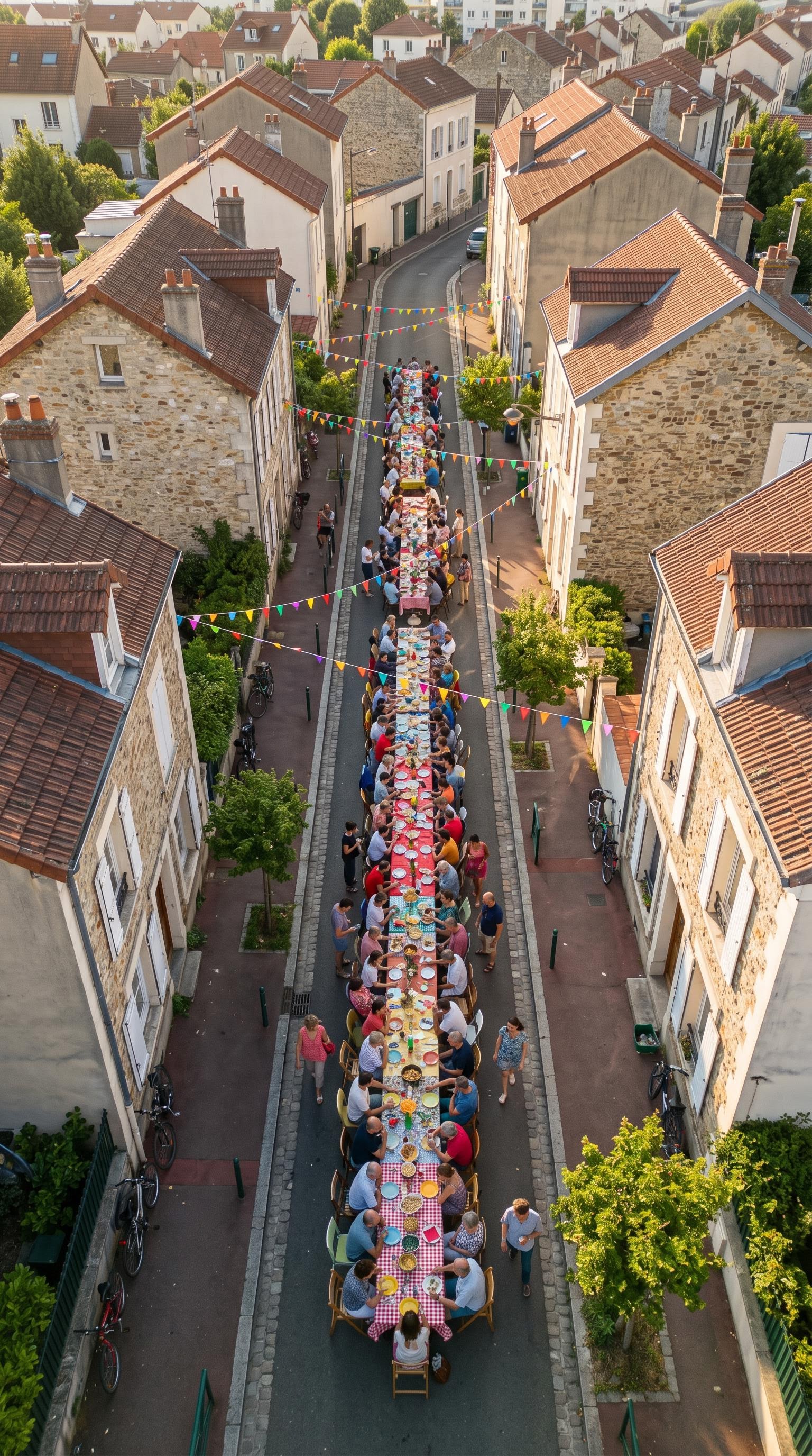 Vue aérienne cinématographique de la fête des voisins dans la rue, générée par IA