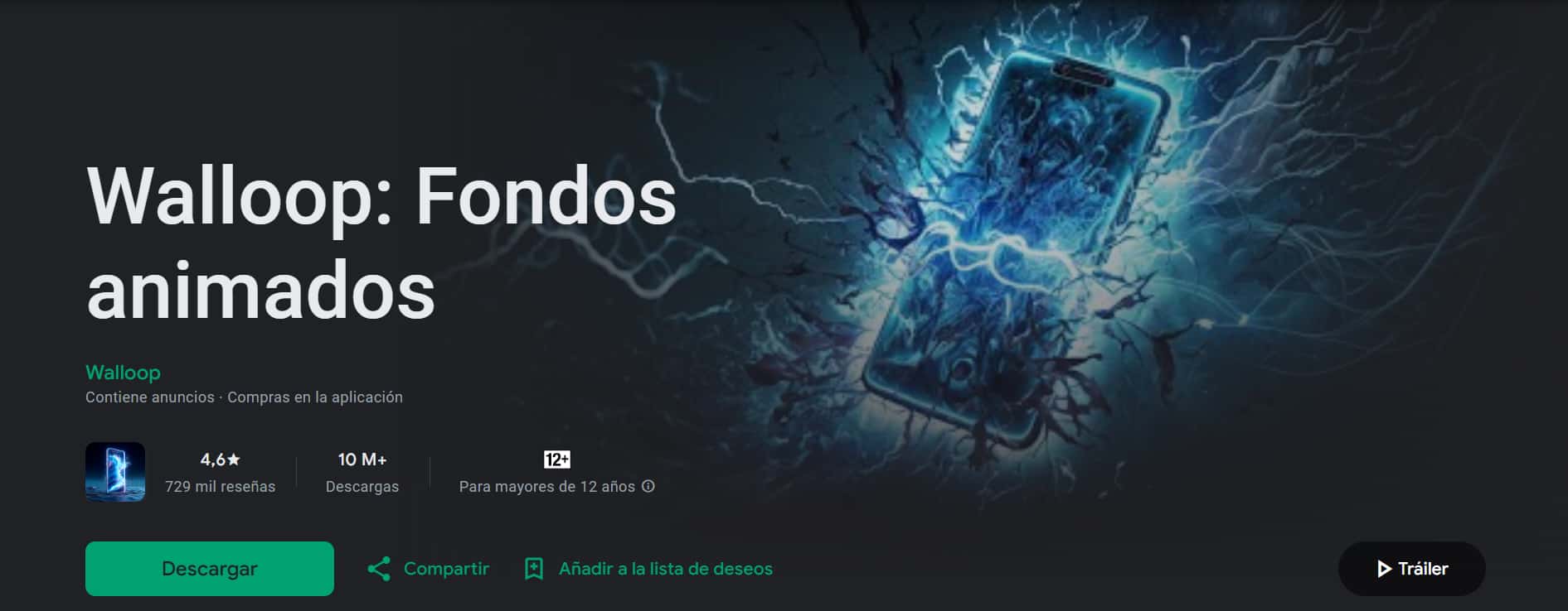Imagen de la página de Walloop en el Google Store