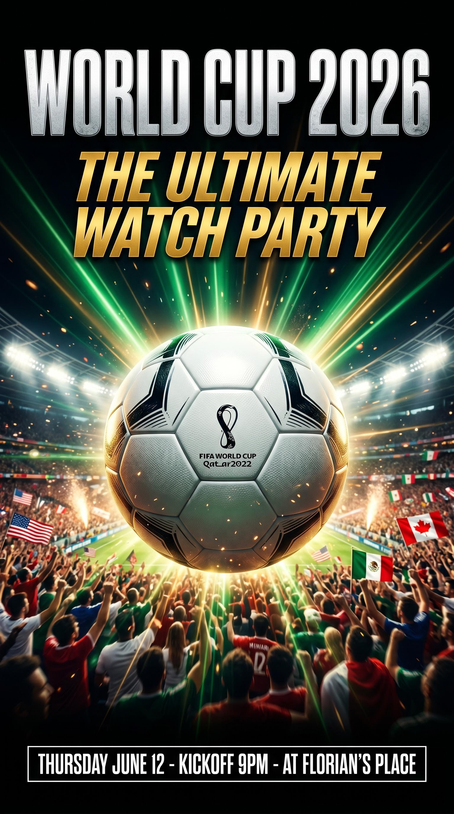 Action-movie style watch party poster for the World Cup, AI generated