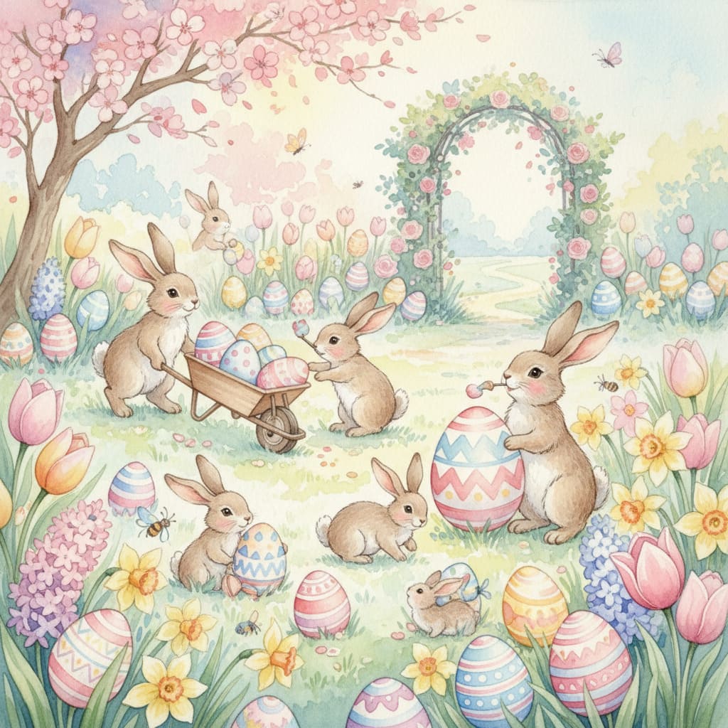 Watercolor Easter bunnies and eggs AI image