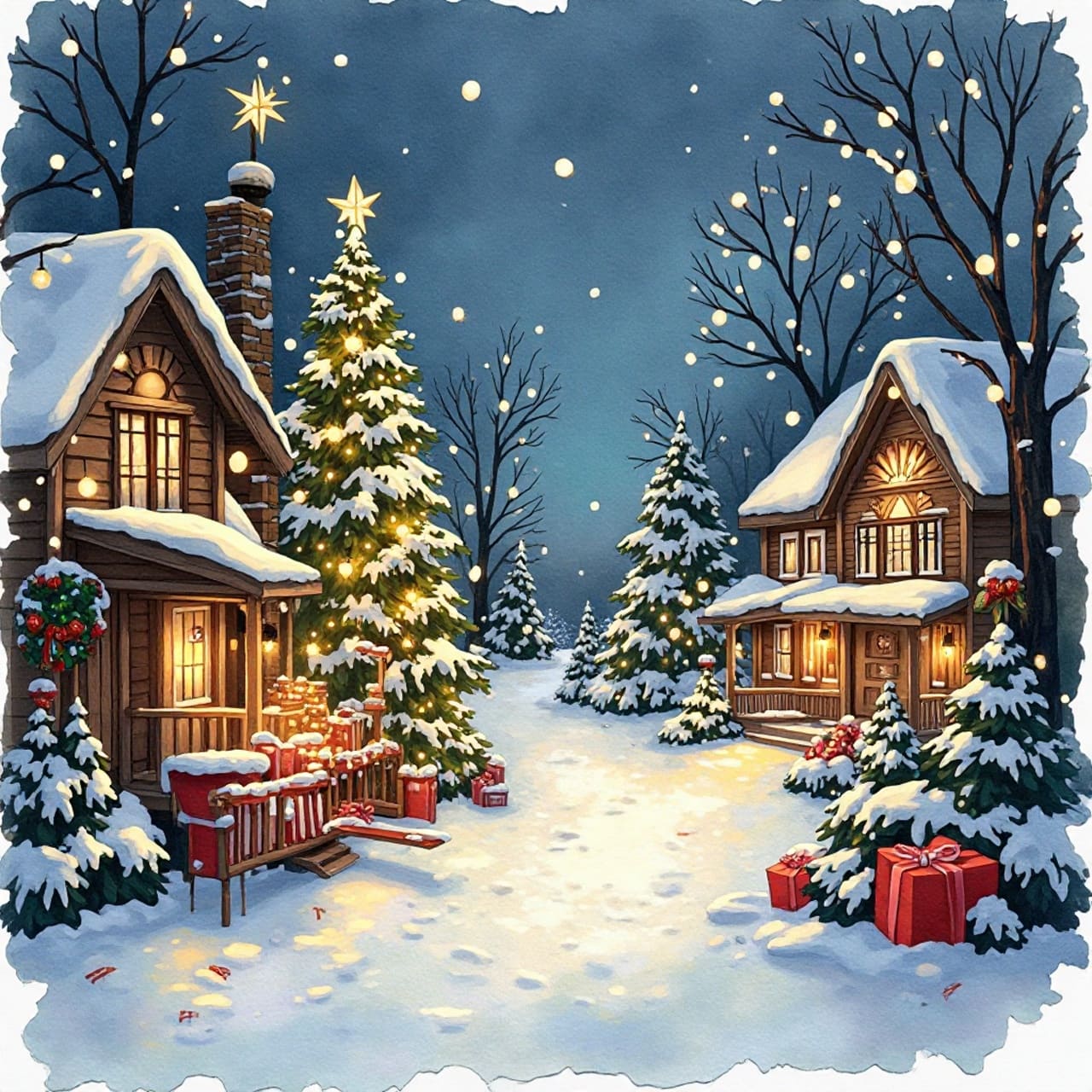 Watercolor Christmas painting with festive decorations