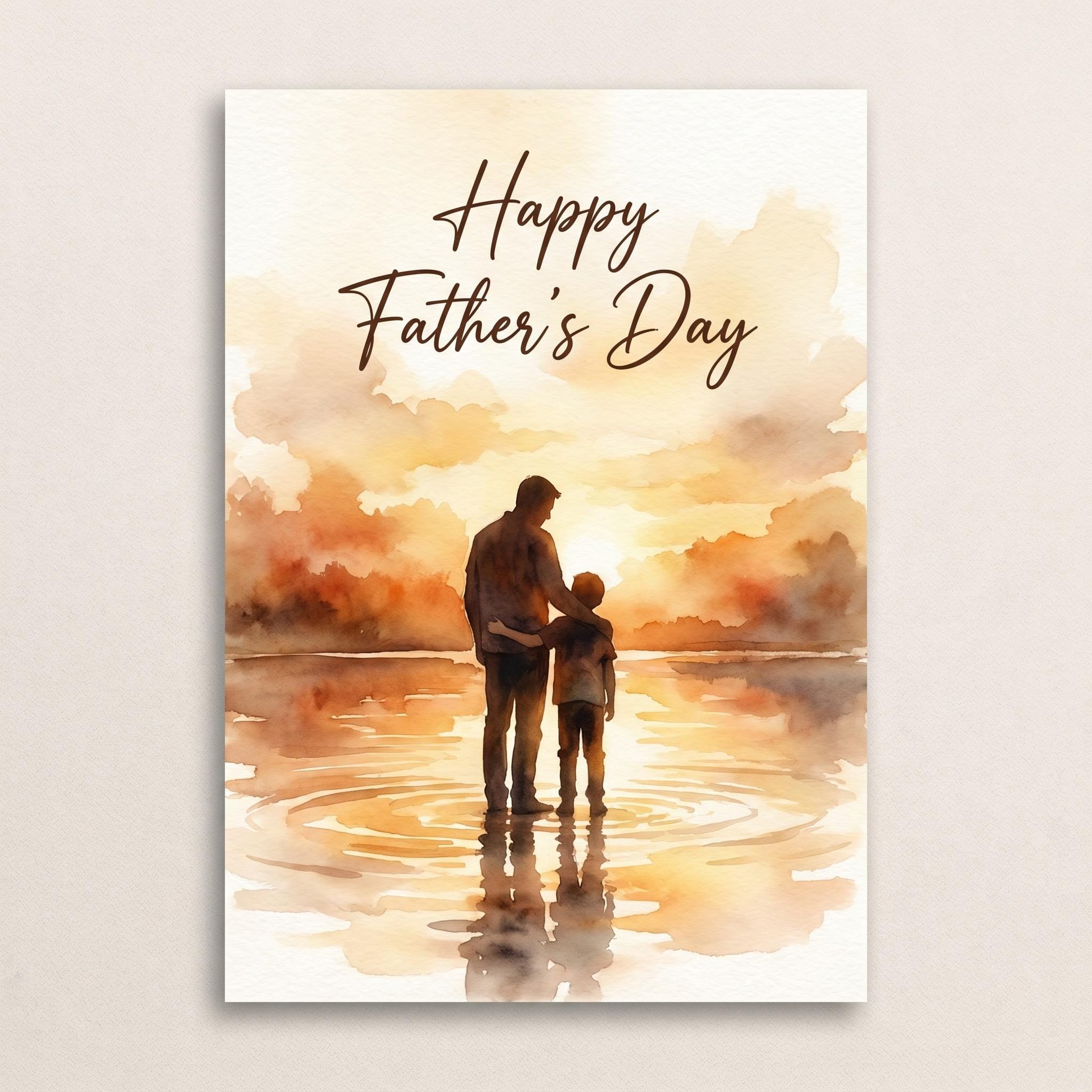 Carte fête des pères aquarelle IA avec papa et enfant au coucher du soleil