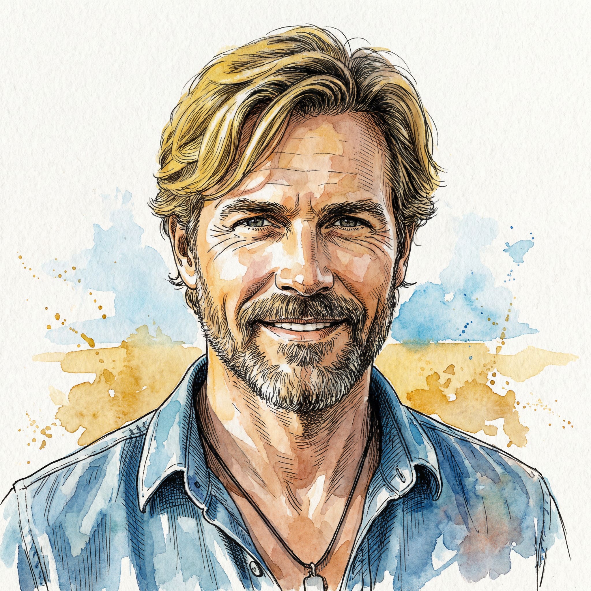 Portrait turned into watercolor and ink painting with defined outlines