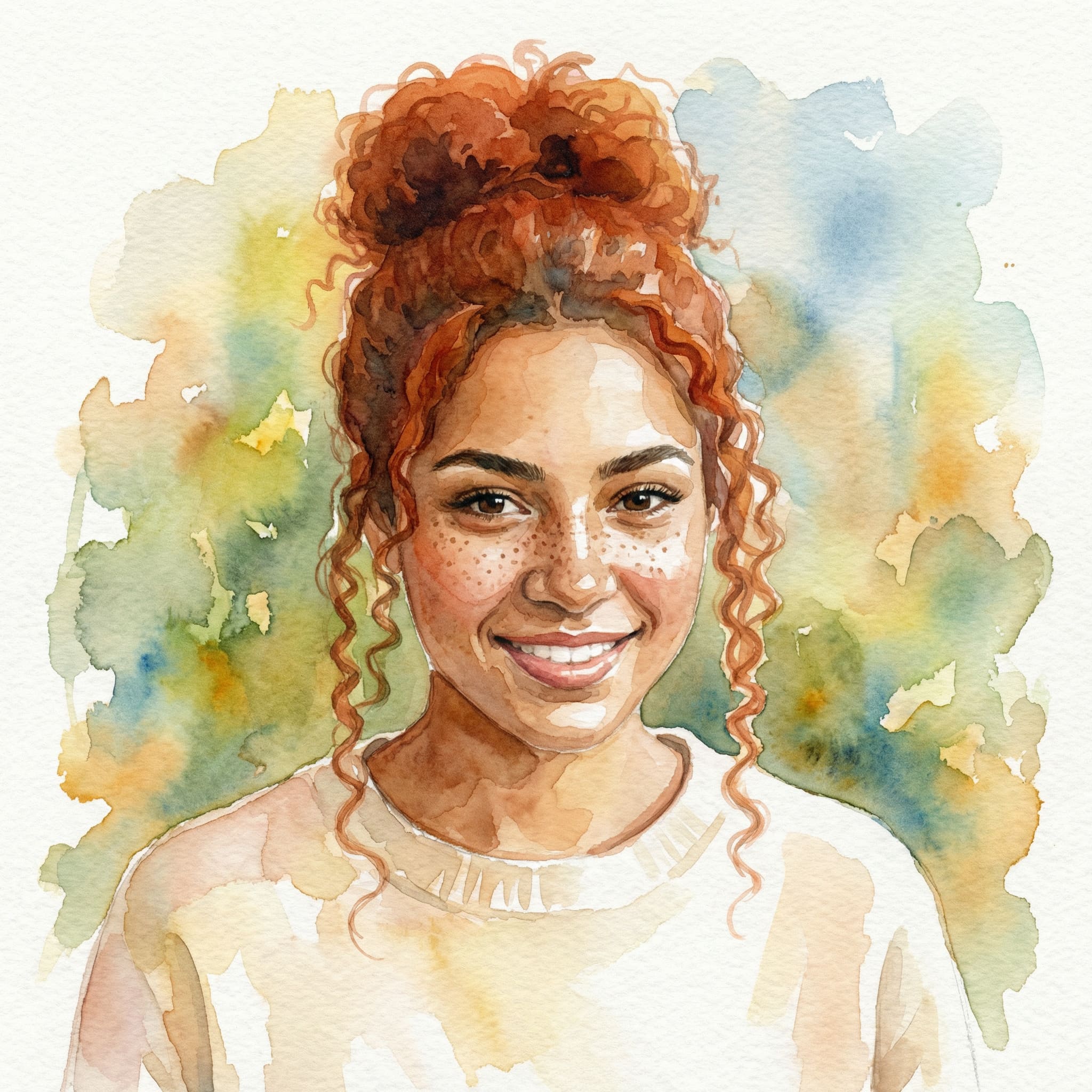 Outdoor portrait transformed into watercolor painting with natural background