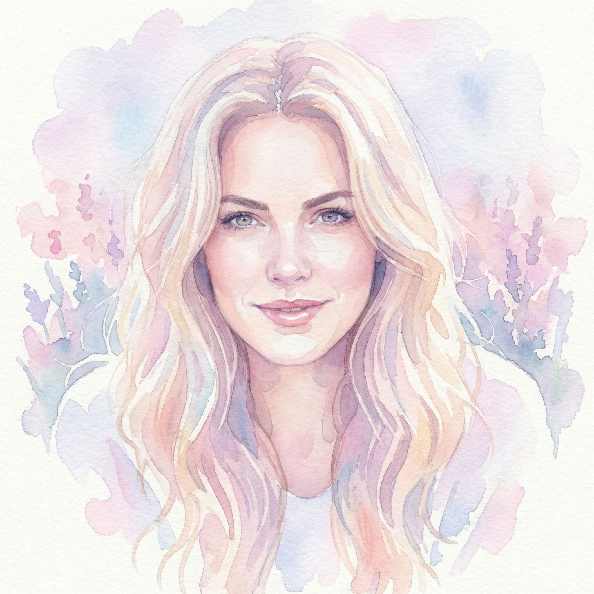 Portrait photo turned into soft watercolor painting with pastel tones