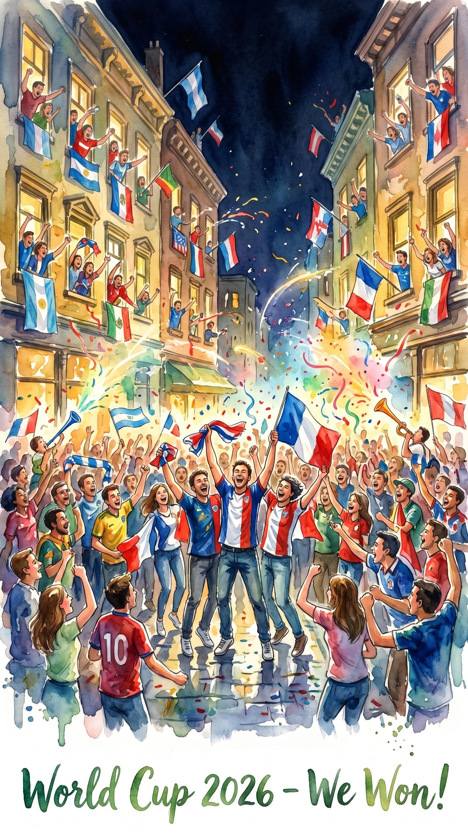 Watercolor illustration of a post-match street celebration for the World Cup, AI generated