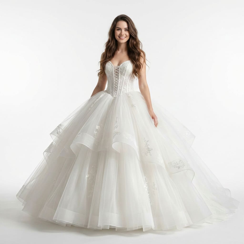Bride virtually wearing a ballgown wedding dress using MyEdit AI Try-On
