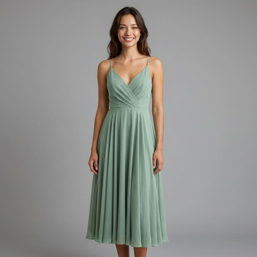 Bridesmaid virtually trying on a bridesmaid dress at home using MyEdit AI Try-On