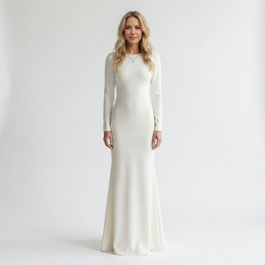Bride virtually wearing a fitted minimalist wedding dress using MyEdit AI Try-On