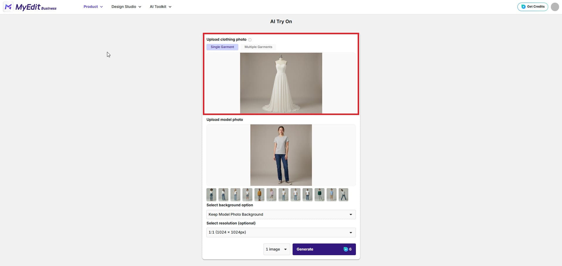 Uploading a wedding dress style image to MyEdit AI Try-On