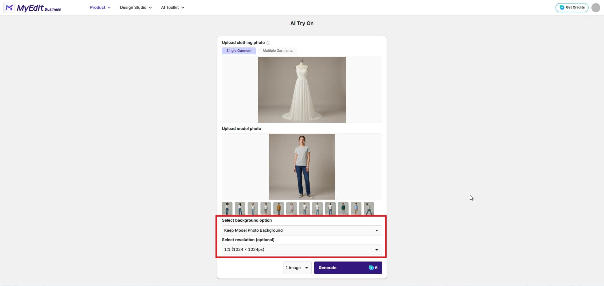 Selecting background style 
    and output resolution in MyEdit AI Try-On
