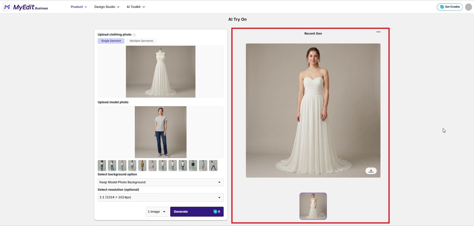 Generating a virtual wedding dress try-on result with MyEdit AI