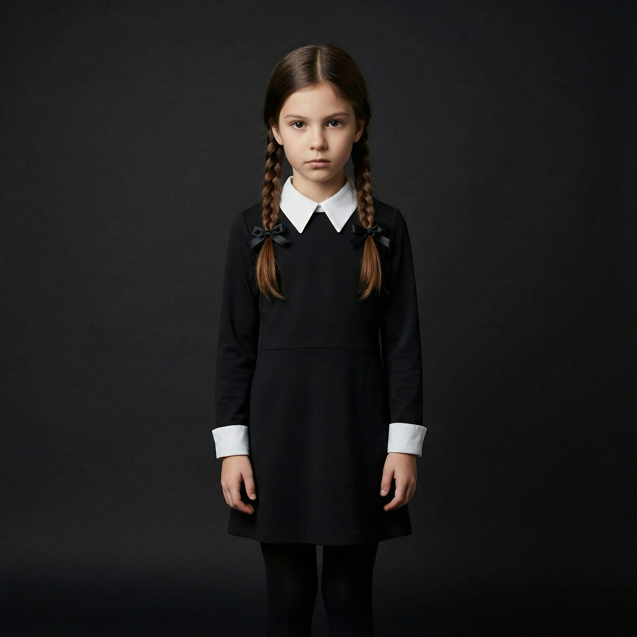 Enfant en costume Wednesday Addams généré par IA