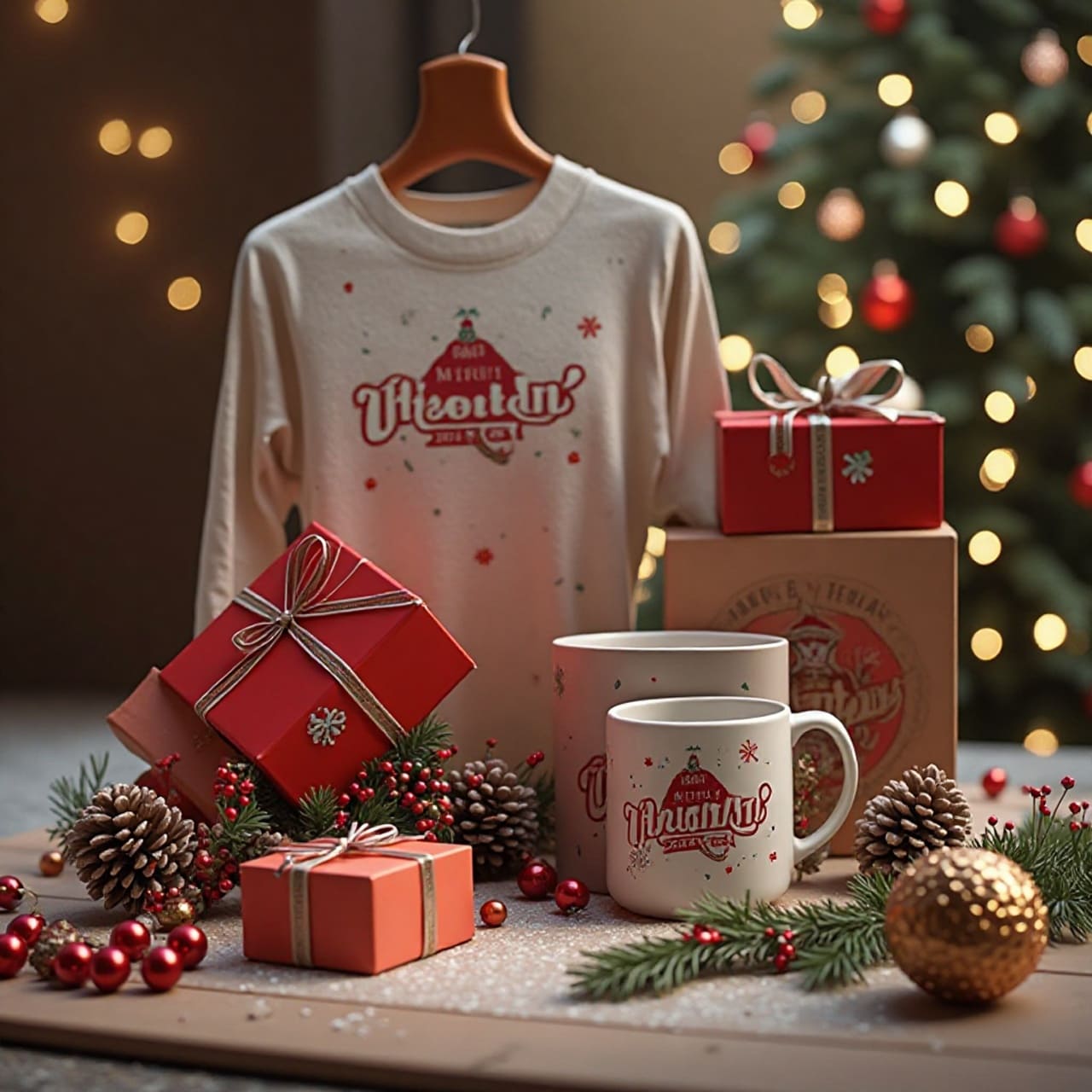 Weihnachtliches Produktbild mit Geschenk, Tasse und T-Shirt