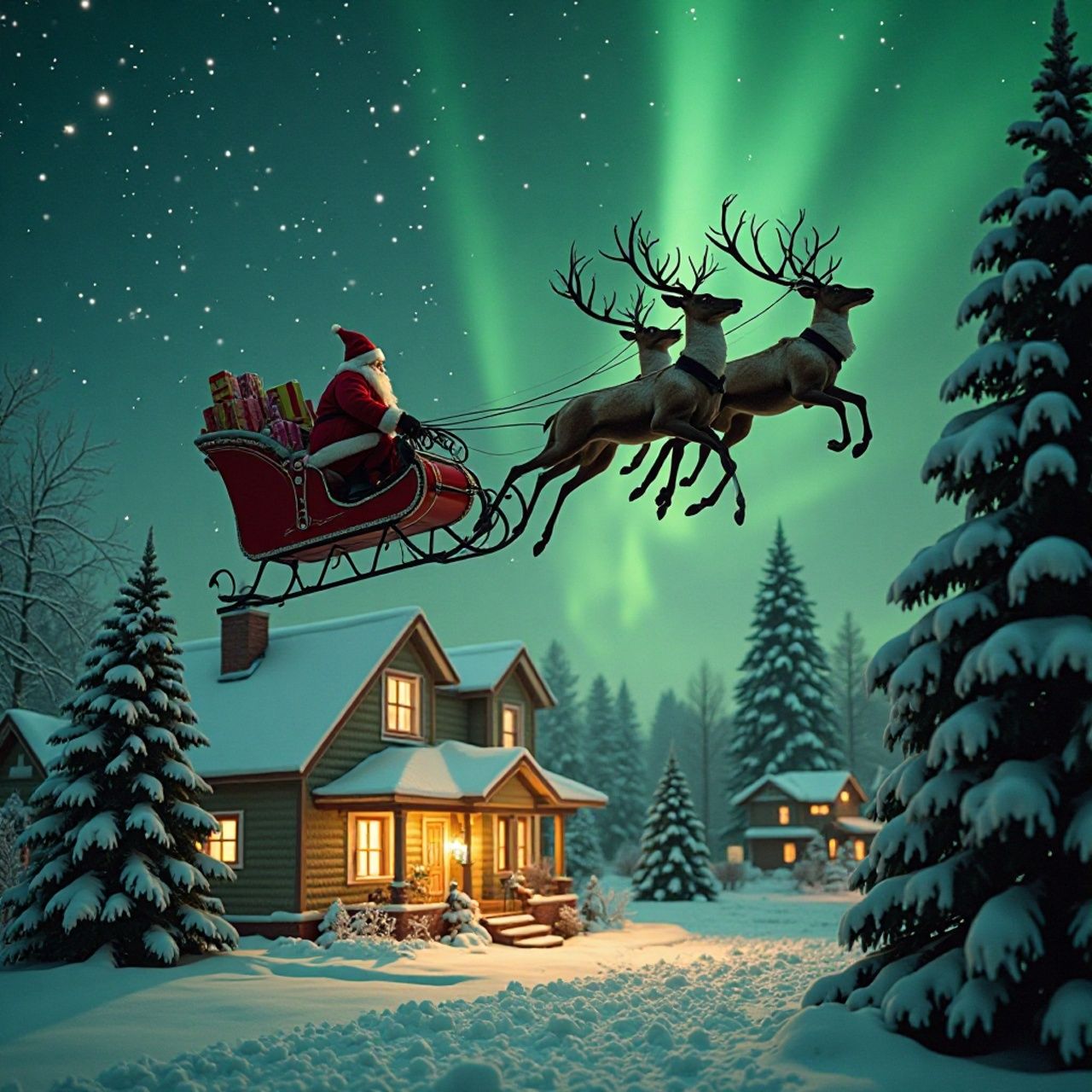 Der Weihnachtsmann und seine Rentiere bringen die Geschenke