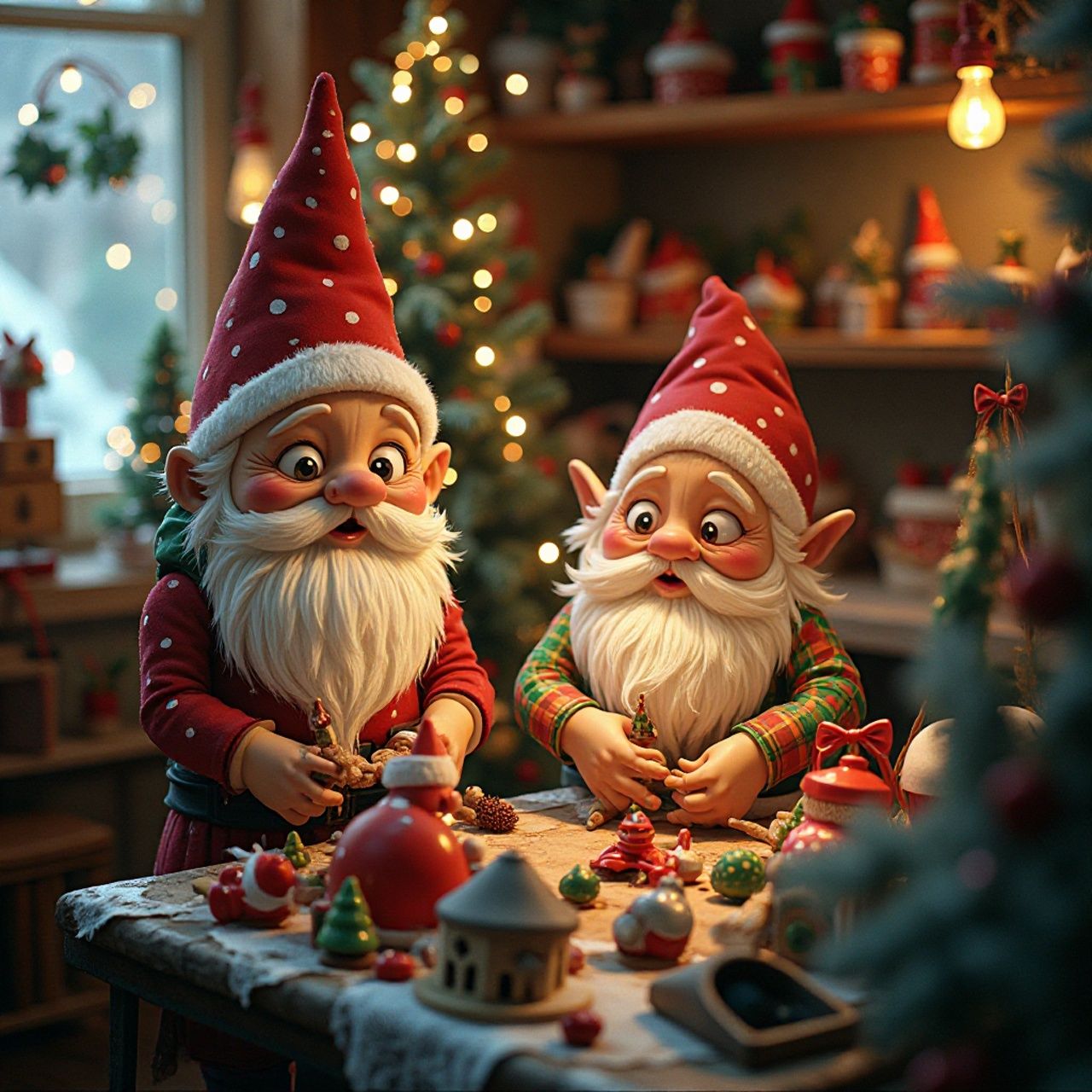 Weihnachtswichtel machen Spielzeug in der Werkstatt des Weihnachtsmanns